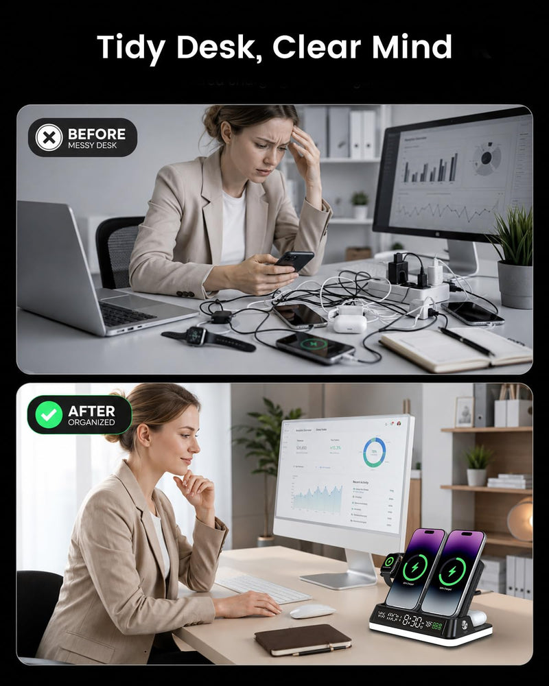7 in 1 Wireless Charging Station with Auto-Sync Clock Sunset Night Light | Wireless Charger Stand for iPhone 17 16 15 14 Pro Max, Nightstand Charging Station for Apple Watch for AirPods, Indoor Temp