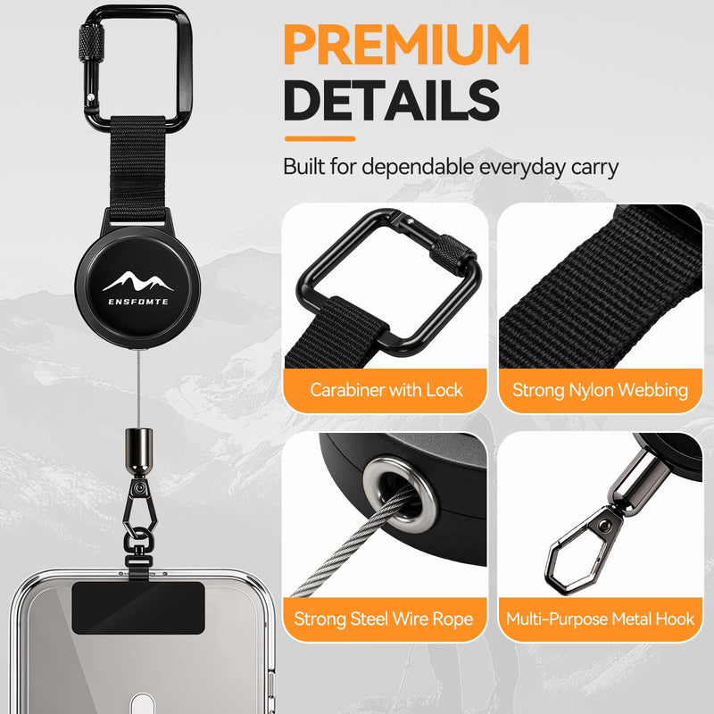 Anti-Theft Phone Tether, Black (2 Pack) | Phone Lanyard Retractable Steel Line & Locking Carabiner, Phone Strap Metal Tether Tab for Climbing Fishing Skiing Hiking Black-2 Pack