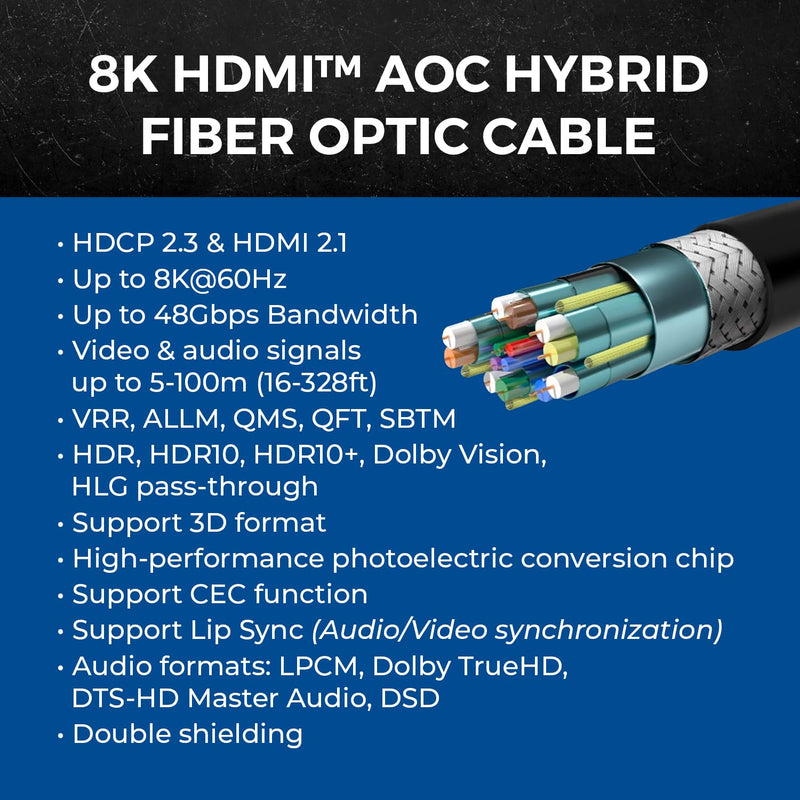 OREI 8K HDMI 2.1 Cable 100ft – AOC Active Optical Fiber HDMI Cable, 48Gbps, 8K@60Hz, 4K@120Hz, HDR10+, eARC, HDCP 2.3, EMI-Free, Gold-Plated