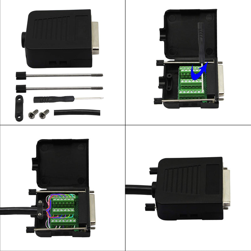 CERRXIAN DB25 Breakout Board, DB25 Female D-SUB Connector to DB25 Screw Wiring Solderless Terminal Module Breakout PCB Board Kits with Plastic Case (F Black)