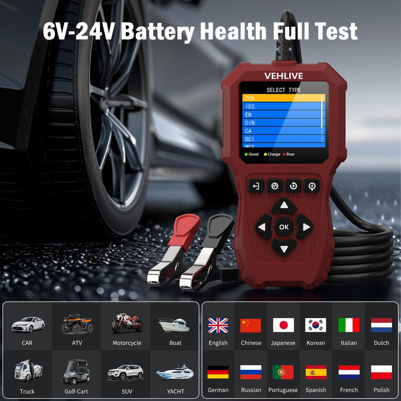 Car Battery Tester 6V 12V 24V with Lithium Battery Testing, BT911 5-3000CCA Automotive 12V&24V Dual Circuit Testing, Load/Alternator Tester, Charging Cranking System Tester for All Car Motorcycle Boat Light Red