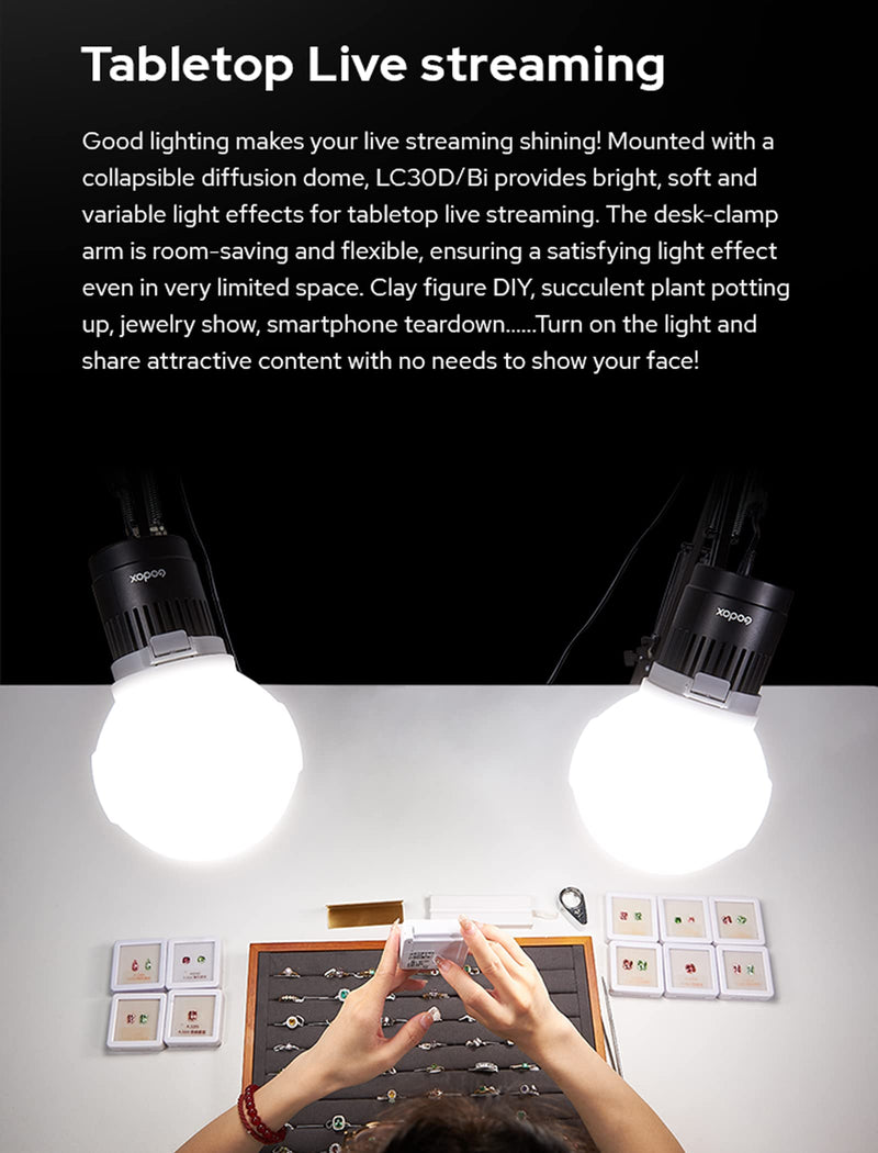 Godox LC30Bi 3200K-5600K Bi-Color Litemons Tabletop LED Light,25200LUX@0.5m, CRI 95+/TLCl 96+, 11 Preset Lighting FX Effects