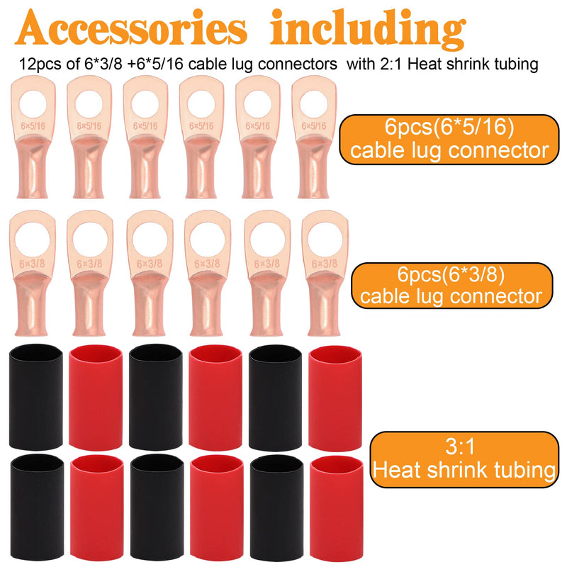 6 AWG Gauge Wire UL1015 Battery Power Tinned Oxygen Free Copper OFC Welding Cable Boat Inverter Red Black Total 13.1FT and Lugs Terminal Connectors with Heat Shrink Tube AWG 6 Red&Black + 3/8" 5/16" lugs