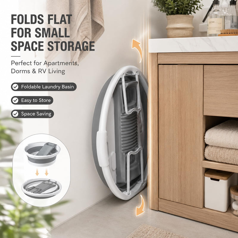 Washboard Basin for Hand Washing Clothes, 8 Gallon Collapsible Laundry Tub with Detachable Washboard, Dual Drain Design, Foldable Utility Wash Basin for Apartment, RV, Camping, Travel & Small Spaces Gray White 20"x20"
