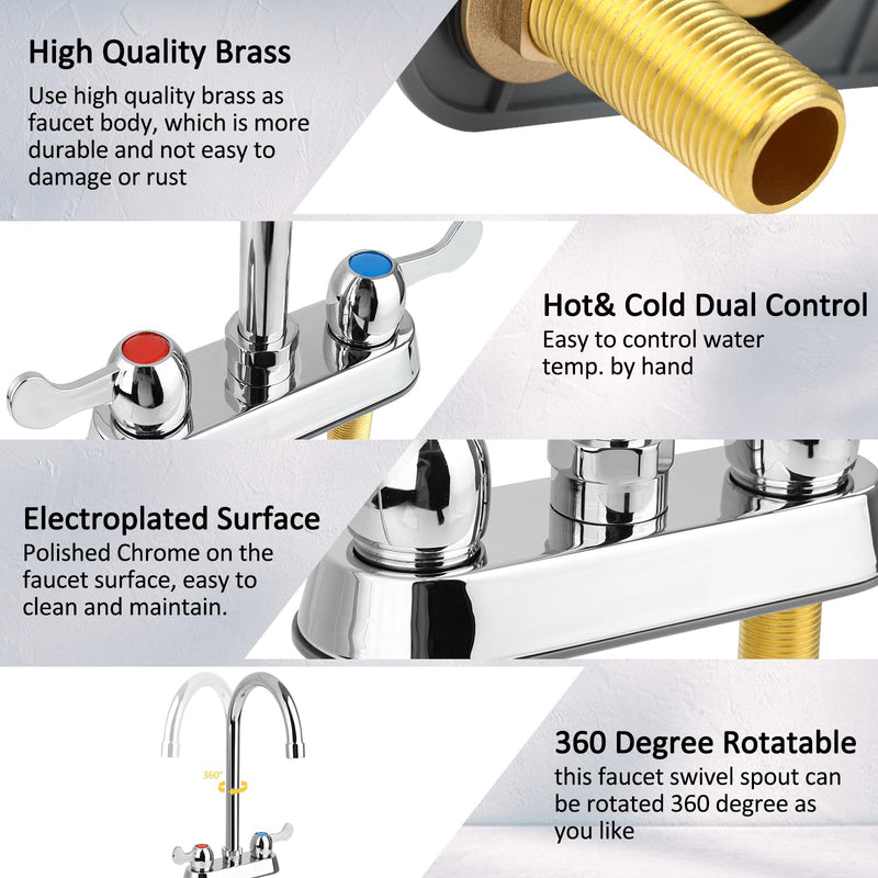 4" Center Commercial Bar Sink Faucet, 2-Hole Deck Mount Utility Sink Faucet with 6" Gooseneck Swivel Spout & Dual Lever Handles for Laundry Tub RV Bar Sink, Brass Constructed, Chrome