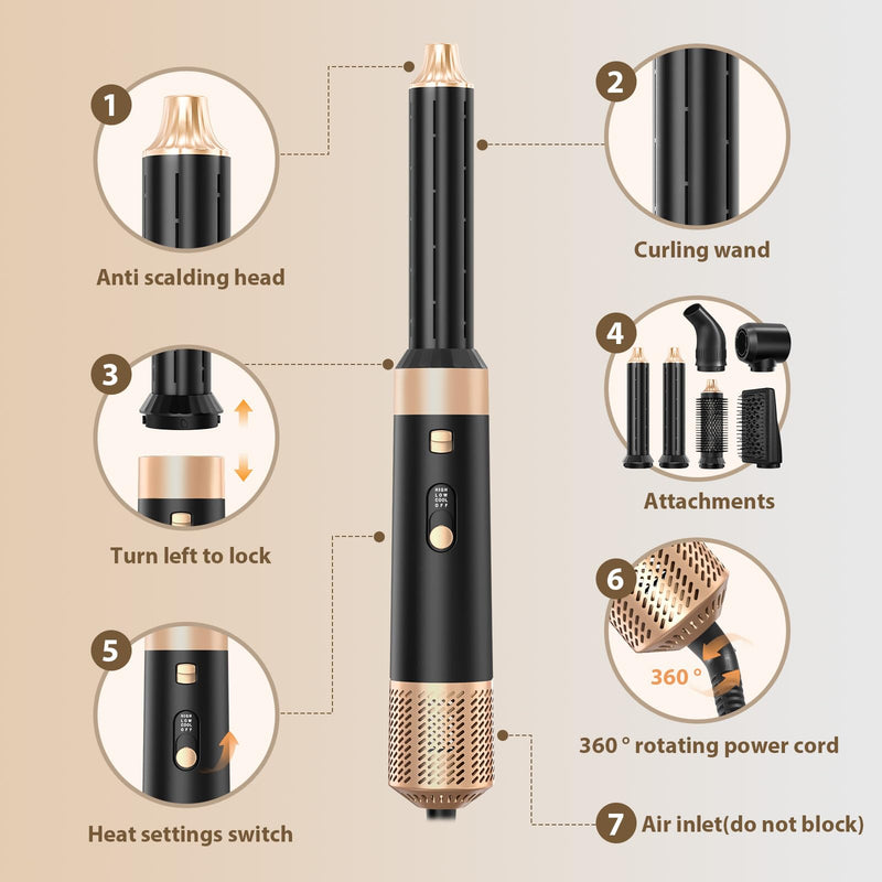 Sendowtek Hot Air Hair Styler Brush 950W for Women 6 in 1 | Multi Tool Hairdryer 3 Level Heat Comb for Rotating Straightening Volumize, Auto Hot-air Curler Daily Hair Styling