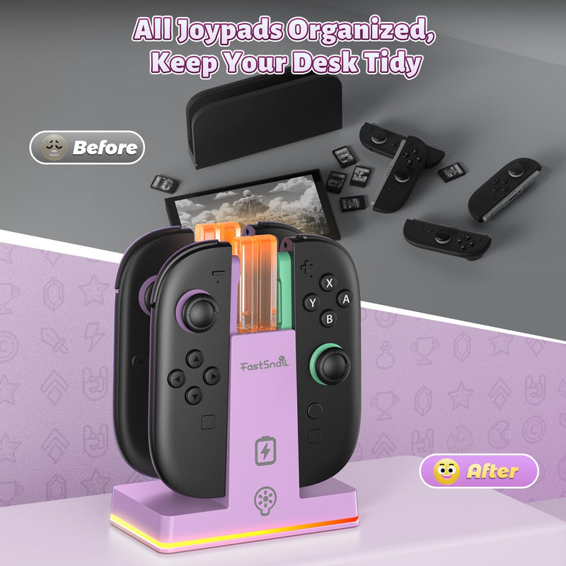 FASTSNAIL Switch 2 Controller Charger Dock for Nintendo Switch 2 for JoyCon | 4-in-1 Fast Switch 2 Joypad Charging Dock Station, 9 RGB Light, Dual-Direction Magnetic Stand for Joycon 2 Accessorie, Purple 7.9 inch Light Purple