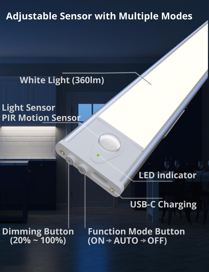 23.6in Under Cabinet Lighting, 101-LED, Dimmable, Rechargeable 4400mAh Battery, Indoor Wireless Motion Sensor Closet Light for Kitchen, Counter, Wardrobe (Silver) Silver