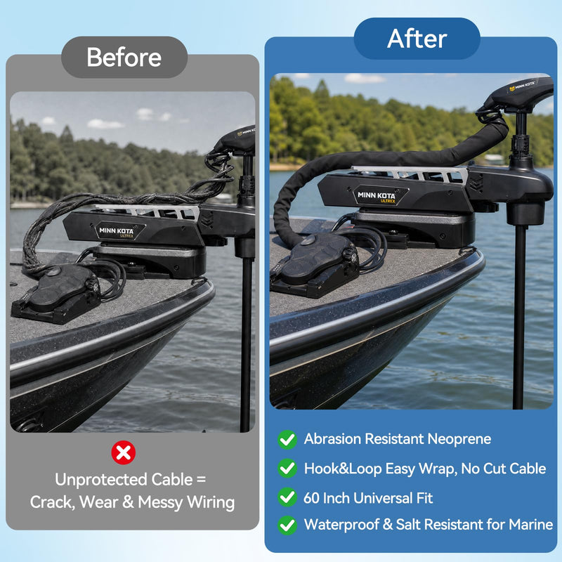 60" Neoprene Trolling Motor Cable Sleeve for Boat Anglers, Saltwater & Abrasion Resistant Wire Protector, Anti-Fray Corrosion-Resistant Cord Manager Compatible for Minn Kota, Ultrex