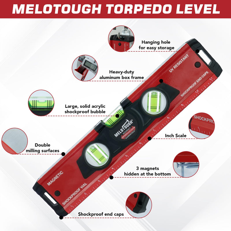 MELOTOUGH 12 Inch Torpedo Level Magnetic,Small Leveler Tool,Aluminum Level with Inch Scale,45°/90°/180°Vial Bubble Level(Red) Red