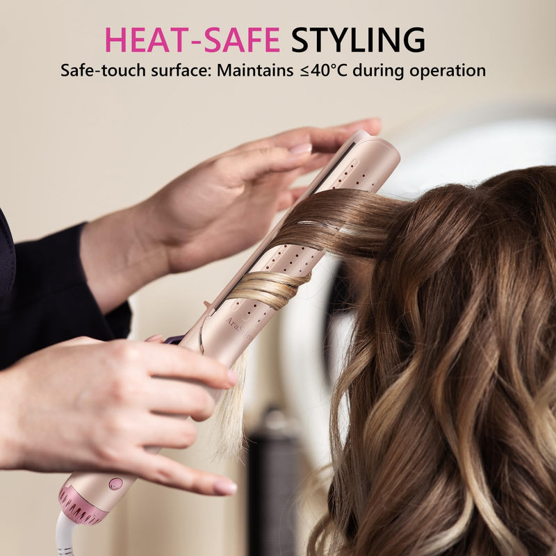 2-in-1 Hair Straightener and Curler Airflow Cool-Air Function, Pink | Cold Air Anti-Scald Dual Voltage Negative Ion Extended Ceramic 3D Floating Plates Blush