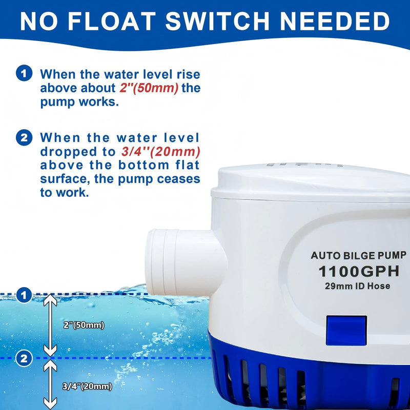 Sanuke 1100GPH Automatic Bilge Pump 12V, Submersible Auto Water Pump with Built-in Float Switch, 29mm (1-1/8") Outlet, Marine Bilge Pump for Boats, Ponds, Pools, Caravan RV | Self-operated Bilge Pumps for Boats, Built-in Float Switch, Low Noise, Electr...
