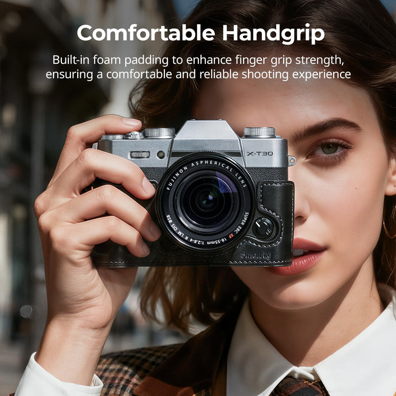 SMALLRIG Leather Case with Shoulder Strap for FUJIFILM X-T30 III/X-T30 II | Retro Style Camera Half Case with Aluminum Frame & Shutter Button Cap (Black) Black