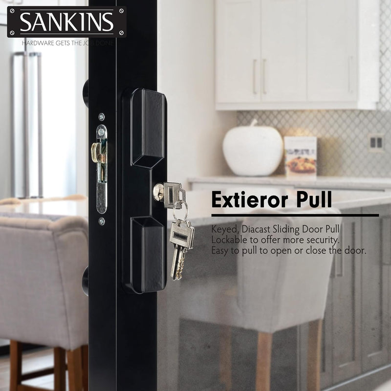 Sliding Glass Door Handle with Lock, Replacement Patio Door Locks, Sliding Glass Door Lock Patio Door Handle with Key Cylinder, Fits Hole Pitch Doors with 3-15/16 Inch Hole Pitch, Black