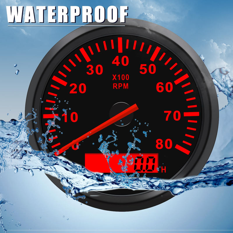 Geloo 85MM Boat RPM Tachometer - Waterproof Outboard Tachometer 0-8000RPM Tacho Meter for Car Truck Marine Diesel Gasoline Engine RPM Tacho Gauge 9-32V with LCD Hourmeter Red Backlight 8000RPM Black