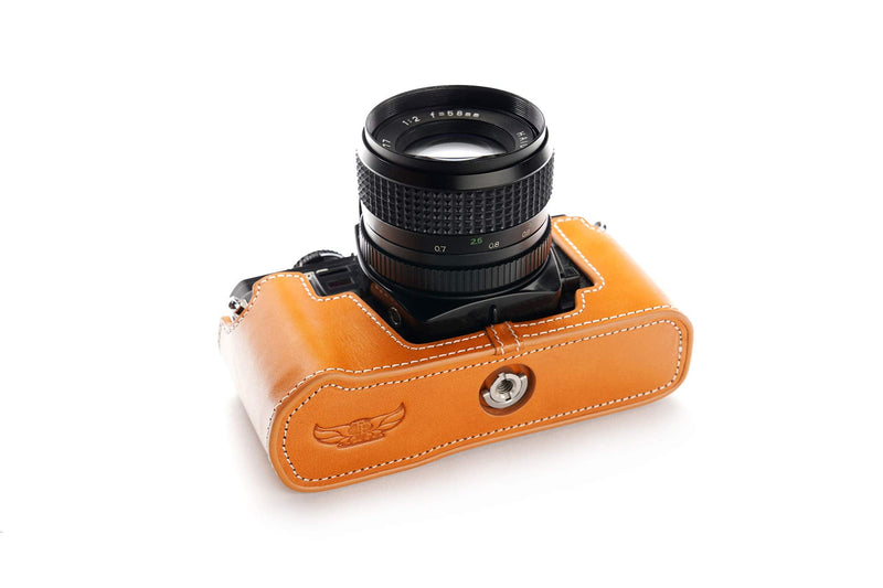 Minolta X-700 Case, BolinUS Handmade Genuine Real Leather Half Camera Case Bag Cover for Minolta X-700 with Hand Strap (Yellow) Yellow
