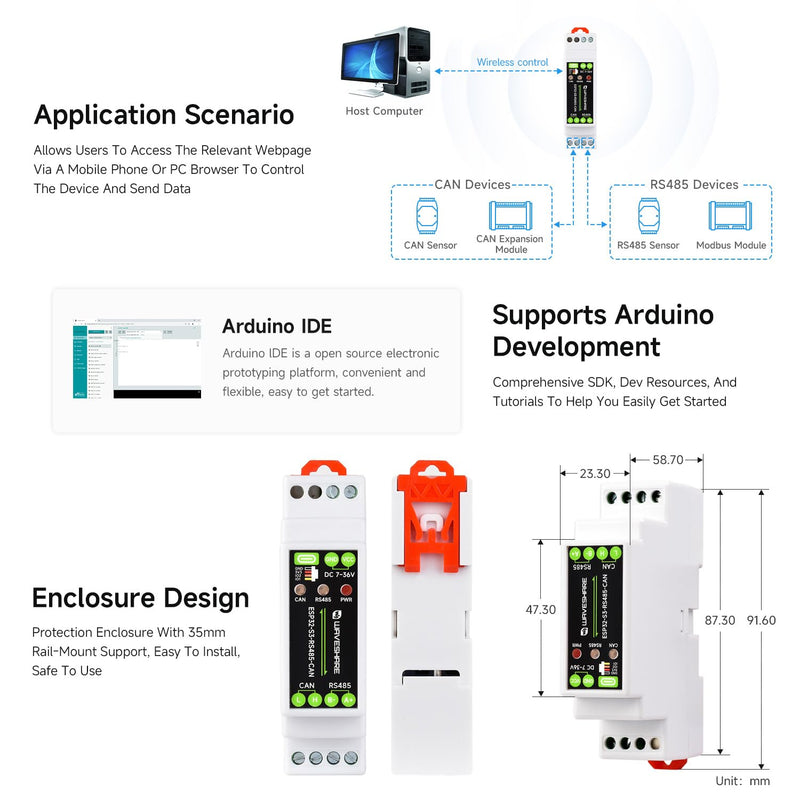 Waveshare Industrial ESP32-S3 Control Board with RS485 and CAN Interfaces | Supports Wi-Fi / BLE, Built-in Multiple Protection Circuits,power and optocoupler isolation, Safe & Stable & Reliable