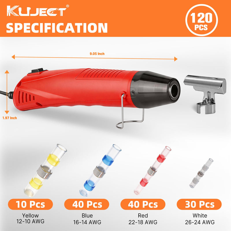 Kuject Mini Heat Gun, 120PCS Solder Seal Wire Connectors Kit, 350W Dual-Temp Heat Gun for Shrink Tubing, Waterproof Heat Shrink Wire Repair Kit with Solder Stick for Marine Automotive Truck, AWG 26-10 120pcs Base Kit (with Heat Gun)