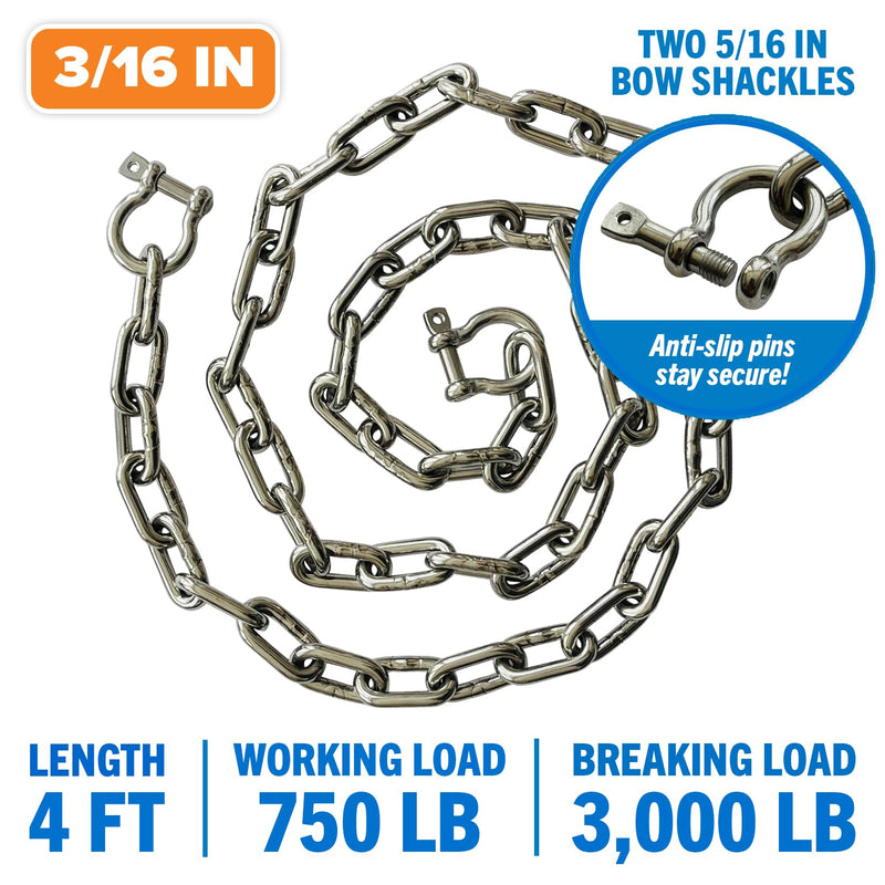 Stainless Steel Anchor Chain, Marine Grade Boat Accessories with Double Shackle Link Ends, for Boats 3/16", 1/4", or 5/16" Chain 4 or 5 Ft 4 FT x 3/16"