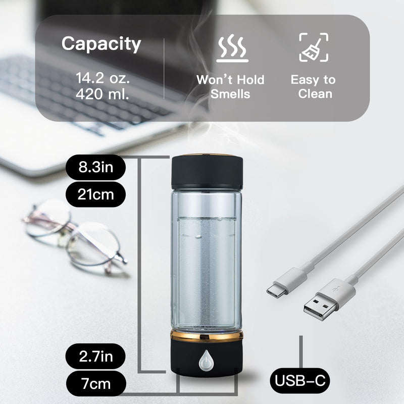 Hydrogen Water Bottle with SPE/PEM Tech - Portable Molecular H2 Water Generator for High-Concentration Alkaline Water - USB-C Rechargeable, 14oz Glass Cup for Home, Office, Gym, Travel