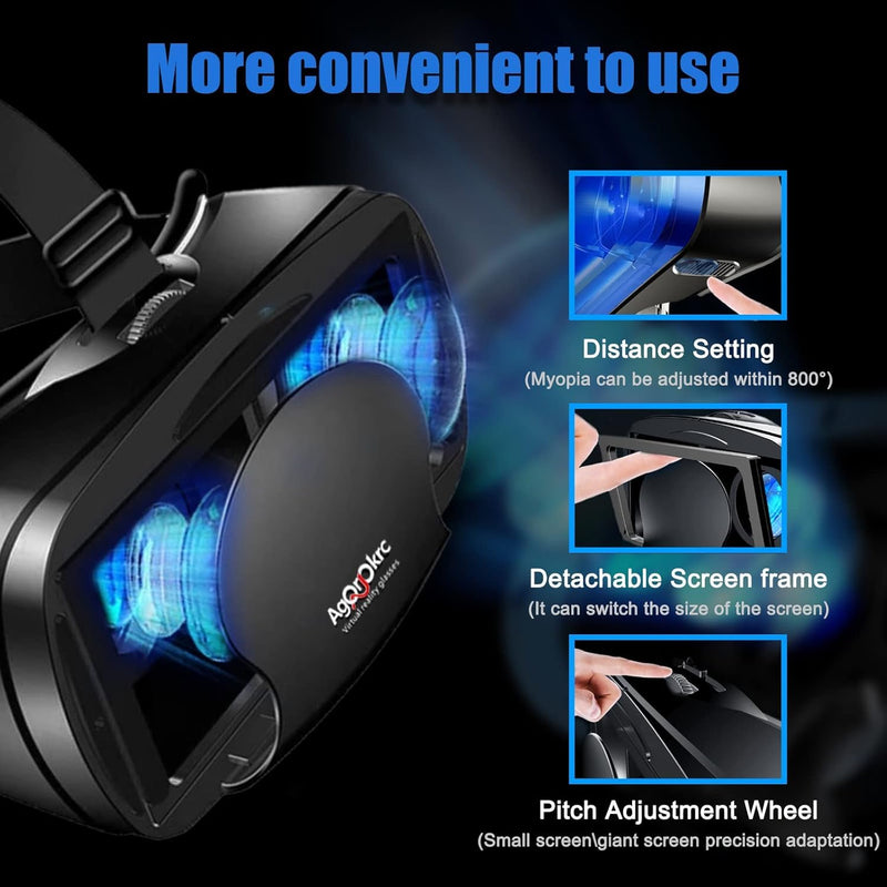 VR Headset with Controller Adjustable 3D VR Glasses Virtual Reality Headset HD Blu-ray Eye Protected Support 5~7 Inch for Phone/Android Black