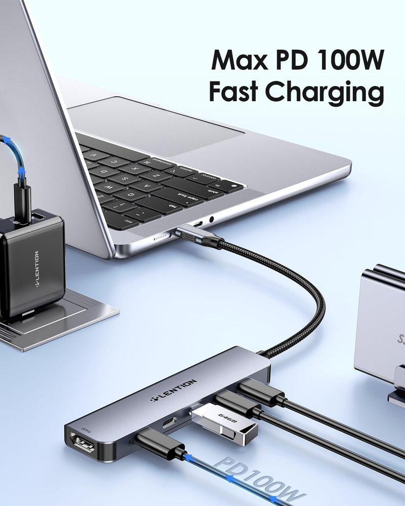 LENTION 6-in-1 USB C Hub Dock with a 4K @60HZ HDMI Display, 4 XUSB-C 3.2 Gen 2, 10 Gbps, PD 100W Charging and for iPhone15 Series, New MacBook Pro, Mac Air, More (CE33, Space Gray)