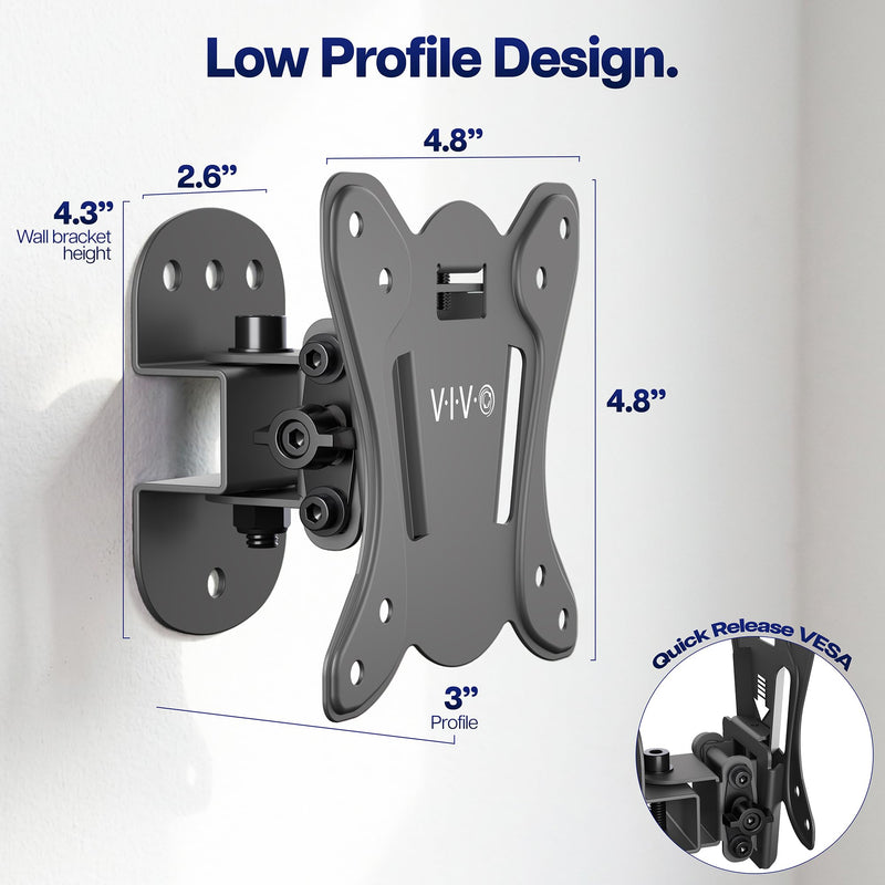 VIVO Compact TV Wall Mount for 13 to 32 inch Screens up to 55 lbs, Tilt and Swivel, Single Stud, Low Profile 3 inches from Wall, VESA 75x75 and 100x100, Black, MOUNT-TS132K