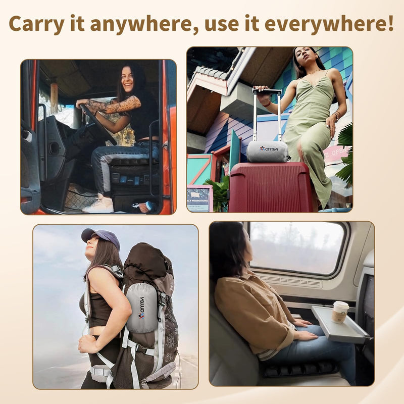 Air Inflatable Travel Seat Cushion with Built-in Pump & Carry Bag– Portable & Adjustable for Airplane, Car, Office – Coccyx, Sciatica & Tailbone Pain Relief (Gray) Gray Cushion With Silver Storage Bag