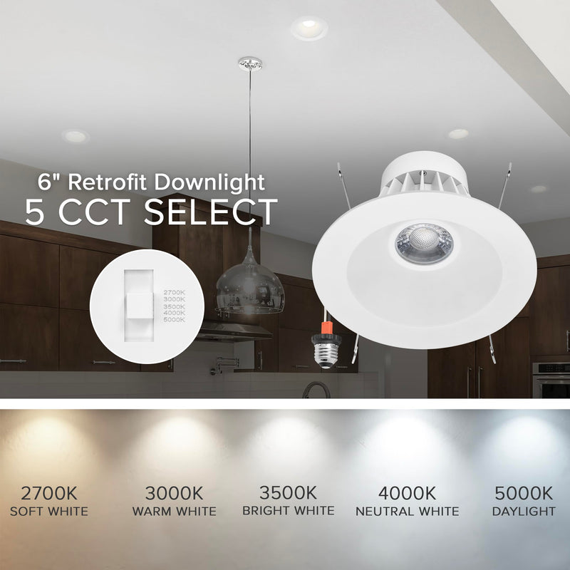 Maxxima 5" & 6" Retrofit Recessed Anti-Glare LED Downlight 1300 Lumens 5CCT | Color Temperature Selectable 2700K/3000K/3500K/4000K/5000K, Dimmable, E-26 Quick Connect Adapter, 90 CRI, White Trim
