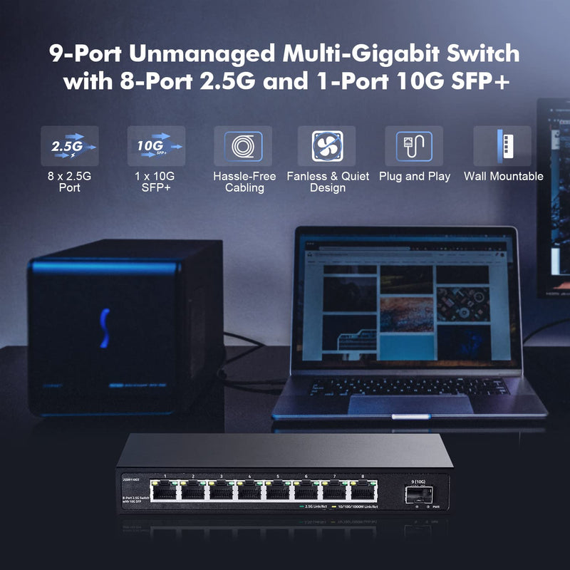 8 Port 2.5G Switch with 10G SFP+, 8 x 2.5GBASE-T Ports, 2.5Gbps Network Hub Ethernet Splitter, YuLinca Multi-Gigabit Fanless Unmanaged Plug&Play Gaming Switch 8x2.5G + 1x10G SFP