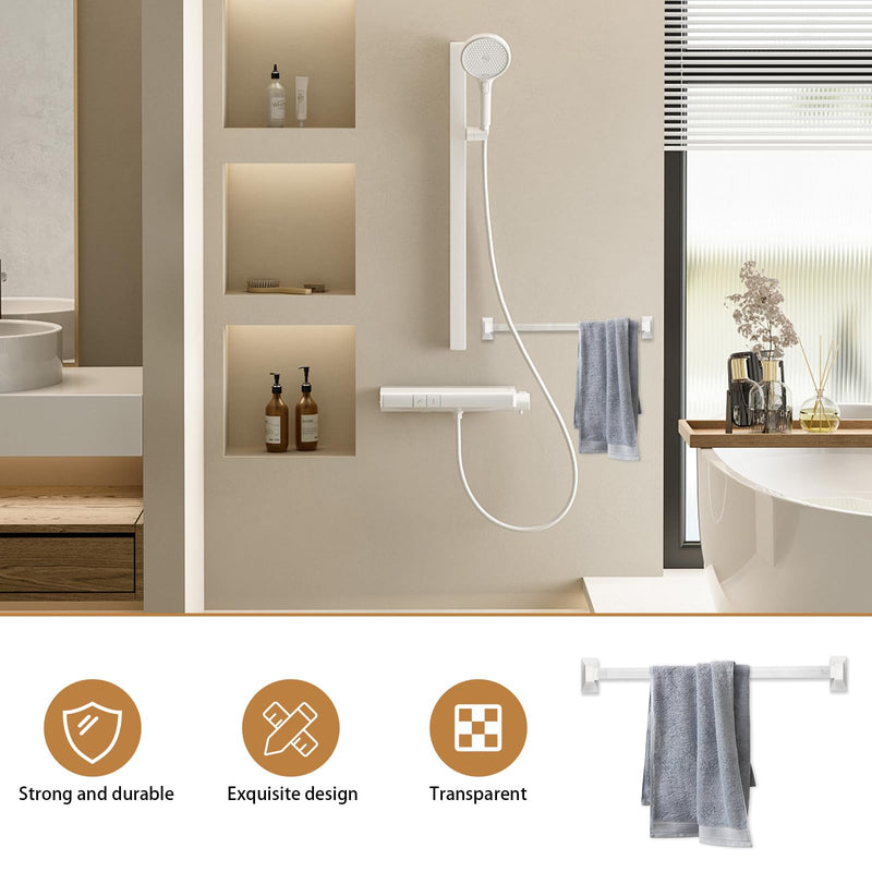 Earthtec 24 Inch Clear Adjustable Replacement Bathroom Towel Bar Rod Spring Loaded End Sturdy Plastic Wall Mount and for Kitchen Towel Storage Replacement Towel Bar for Ceramic Holder