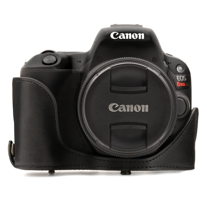 MegaGear Leather Camera Case Compatible with Canon EOS Rebel SL3, Kiss X10, Rebel SL2, Kiss X9 18-55mm Lens Black