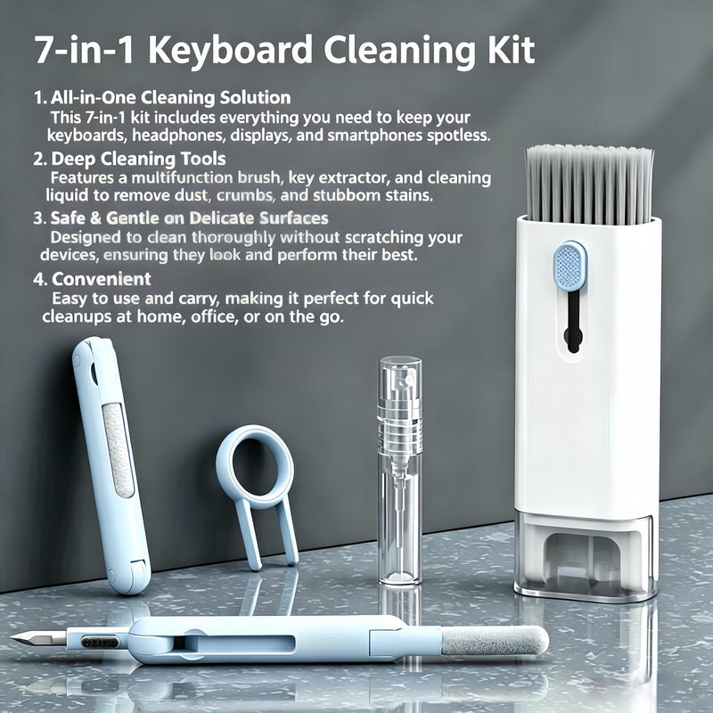 Keyboard Cleaning kit - 7 in 1, Keyboard Cleaner, Multifunction Brush with Key Extractor for Headphones, Keyboards, displays and Smartphones (with Cleaning Liquid Included)