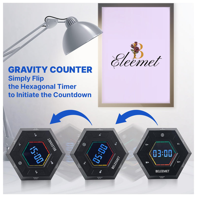 Pomodoro Timer,Hexagon Cube Magnetic Flip,ADHD Tools for Adults/Kids Task Timer for Office, Study, Exercise, Meditation,3/5/15/30/45/60min&Custom Digital Countdown, Adjustable Sound,Black