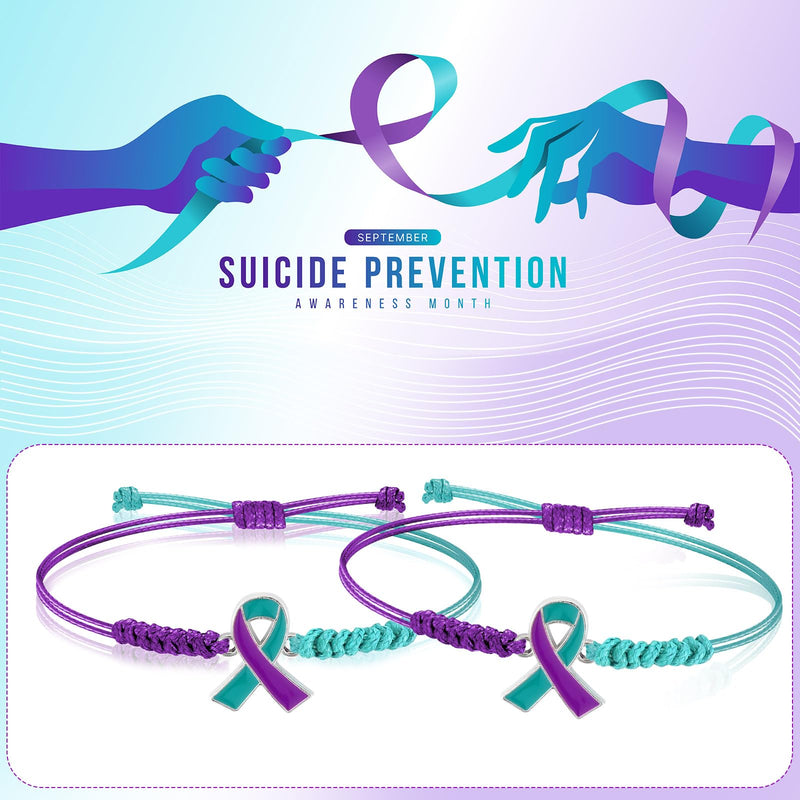 Sasylvia 20/100/150 Pcs Suicide Prevention Awareness Bracelets Adjustable Cord Purple Teal Ribbon Braided Bracelets Inspirational Suicide Prevention Gifts for Women Men Jewelry Accessories 100