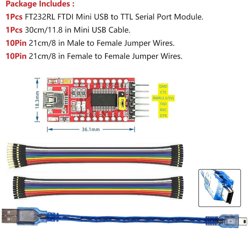 Mini USB to TTL Serial Converter Adapter, 3.3V/5.5V, FTDI Breakout Board for Arduino