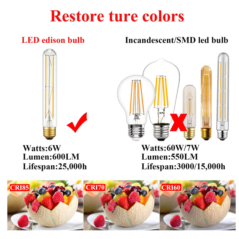 Arberlic 7.3 Inch T10 LED Bulb,6W Tubular Light Bulb Equivalent E26 led Bulb 60 watt dimmable,Warm White 2700K,600lm,CRI85+,AC120V,Clear Glass Long E26 Edison Bulb,Flicker-Free,Pack of 6 7.3 INCH 6W=60W Clear