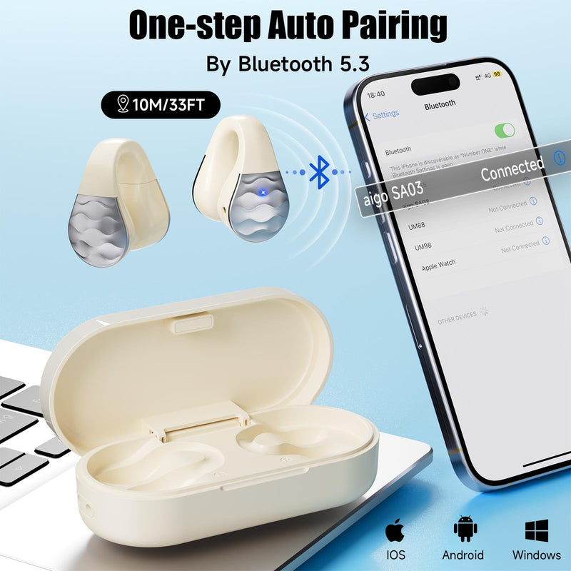 aigo Wireless Earphones Bluetooth Earbuds, Open Ear Clip Headphones for iPhone/Android/Computer, Sport Ear Buds Built-in Mic, Noise Canceling, Waterproof, Wireless Charging, Off White Headset