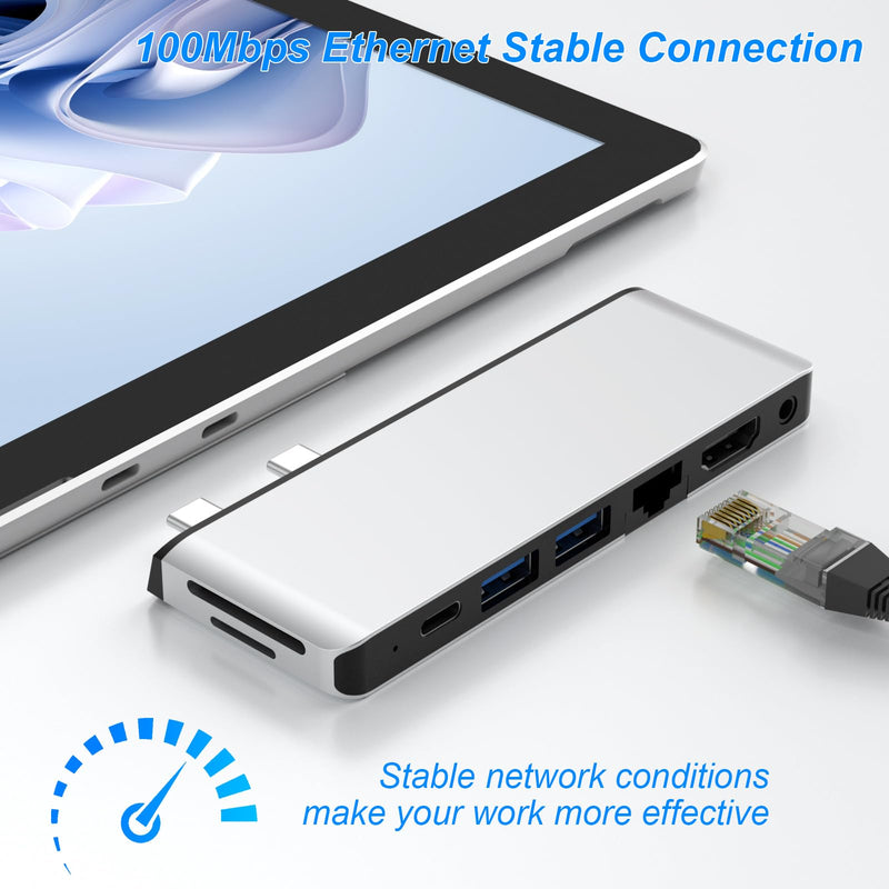 Surface Pro 11/10/9 Hub, Microsoft Surface Pro 9 USB C Hub with 4K HDMI, USB-C Thunderbolt 4(8K@30Hz Video+40Gbps Data+100W PD), RJ45, 2*USB 3.0, Audio, SD/TF Card Slot, for Surface Pro 11/10/9