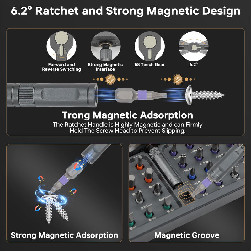 42 in 1 Magnetic Screwdriver Set with Ratchet Handle, Multi Bits Repair Tool Kit for Computer, Furniture, Bike, Watch & DIY, Compact & Portable with Storage Case (Detachable Grey) 42 In 1