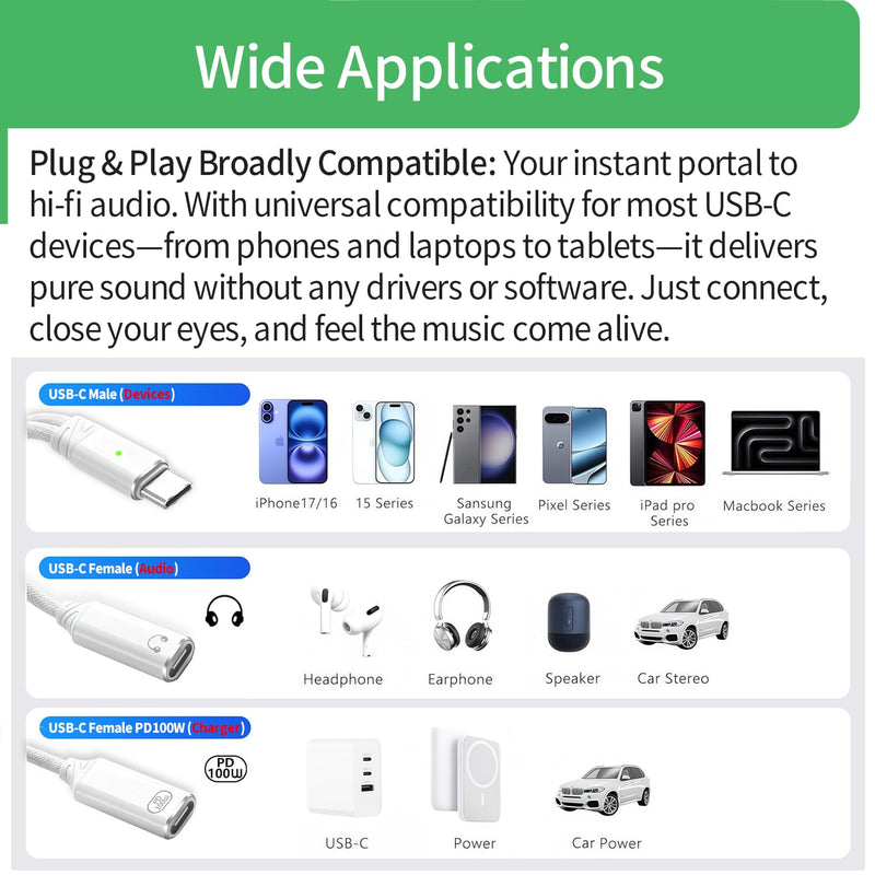 USB C Splitter 1 in 2 Out Dual USB C Headphone and Charger Adapter, White | Audio Jack Dongle with PD 100W Fast Charging Cable for iPhone 17 16 15 Pro Max, iPad, Samsung Galaxy S25 S24 Ultra