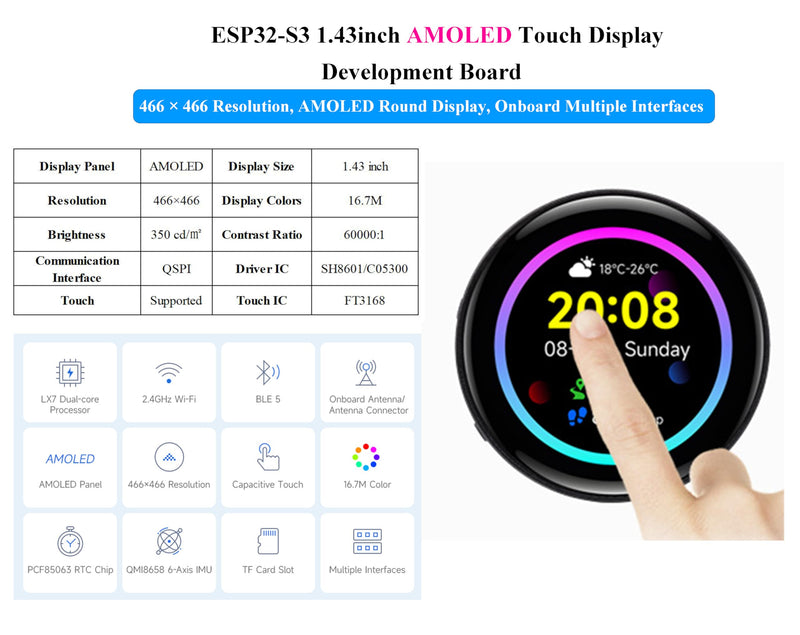 ESP32-S3 1.43inch AMOLED Touch Display Development Board, 466x466 QSPI Interface AMOLED Round LCD, Onboard Accelerometer and Gyroscope Sensor R T C Chip, ESP32 with Display, Multiple Interfaces