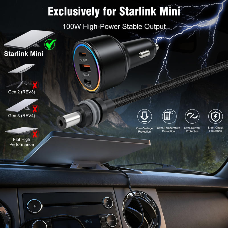 Starlink Mini Car Adapter, 3-in-1 DC Power Cable with 12V to 24V Cigarette Lighter Adapter, 100W Car Power Supply + PD 30W + USB-A 22.5W for Trucks, RVs, Boats - 16.4FT