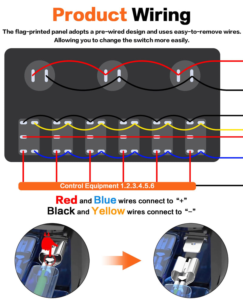 IZTOSS 6 Gang Switch Panel Waterproof Rocker Switch Panel Aluminum American Flag Design Marine Swtich Panel with Dual USB Charger, Digital Voltmeter, Power Socket for Boat Car RV Blue LED