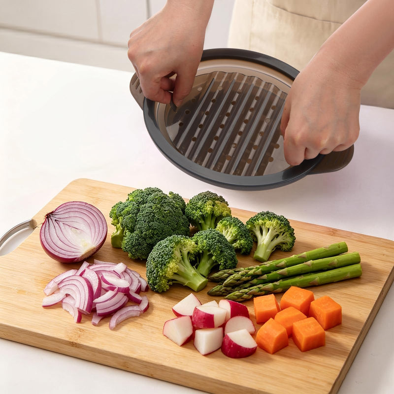 Microwave Steamer Cooker Collapsible Bowl-Silicone Steamer Cookware with Handle Lid for Vegetables Fish Prep Meal Food with Removable Rack BPA Free, Easy to Store, Freezer & Dishwasher Safe, Large Black
