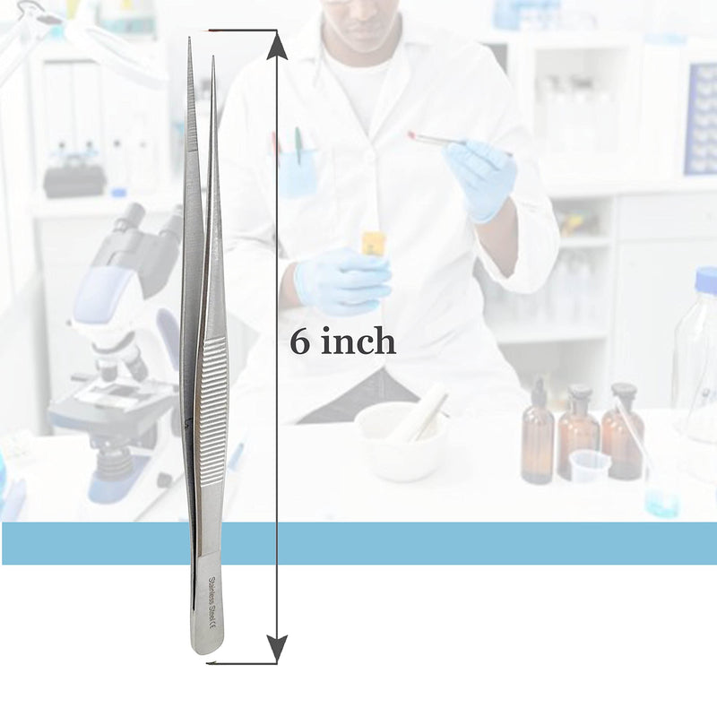 Stainless Steel High Precision Forceps with Fine Strong Straight Serrated Point to use Engineer Labware for Scientific Use 6" (15.2 cm), (6 Inch) 6 Inch