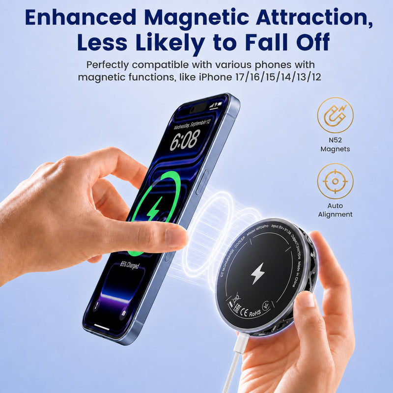Magnetic Phone Charger with Cooler, Fast Wireless Charger Phone Cooler | RGB LED Black