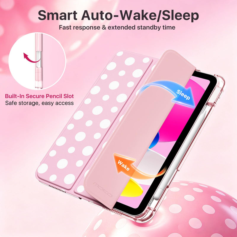 MoKo Cute Case for iPad A16 11th/10th Generation, Pink Polka Dot | For iPad 10.9/11-Inch Case with Pencil Holder 2025/2022, Trifold Cover with Hard PC Translucent Back Shell for Girls Women A-Polka Dot Pink