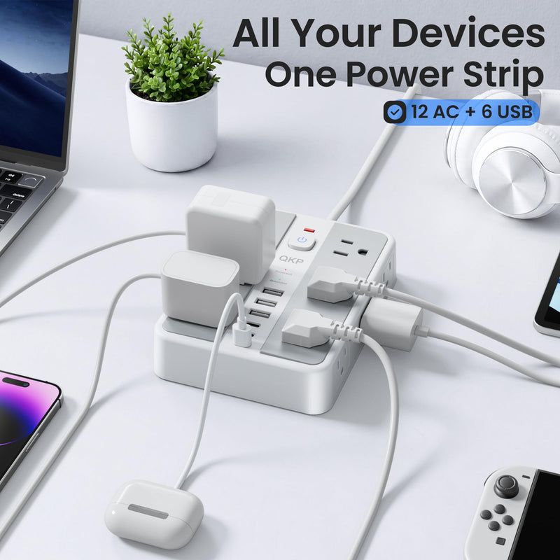6 FT/ 2400J Surge Protector Power Strip, 12 Outlets, 6 USB (3 USB C) | 3 USB-A & 3 USB-C Ports, 1.7" Wide-Spaced Outlets，2400J Surge Protection, 1875W/15A Flat Plug Extension Cord for Home, Office White / Gray 6 FT