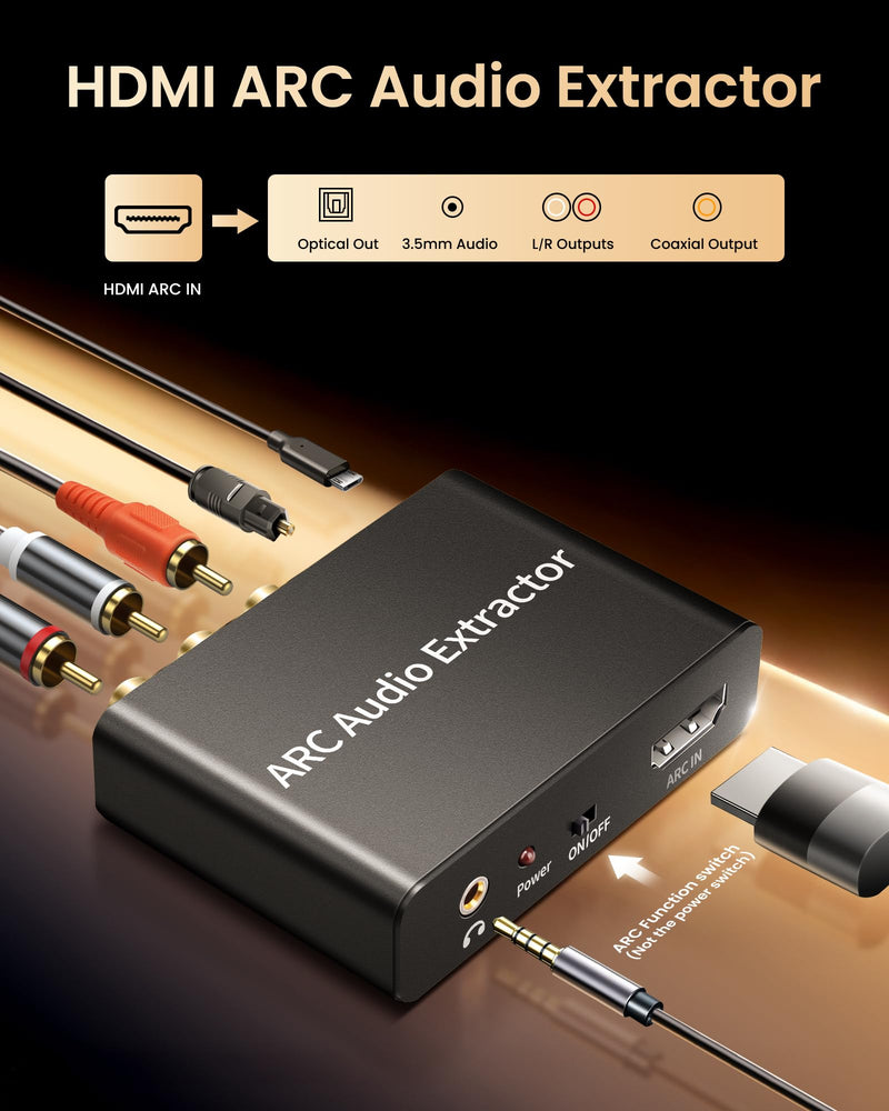 HDMI ARC Audio Extractor 4K@60Hz, 192KHz HDMI ARC Audio Adapter Converter Splitter to Optical TOSLINK SPDIF + RCA L/R+ Coaxial and Analog 3.5mm Stereo for Soundbar HDTV Speaker Amplifier Headphones Black